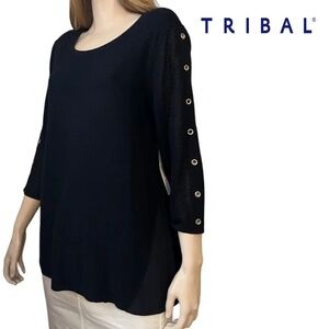 TRIBAL Sweater Tunic Pullover Top Silver Grommets ¾ Sleeve Hi Low Chiffon Panels